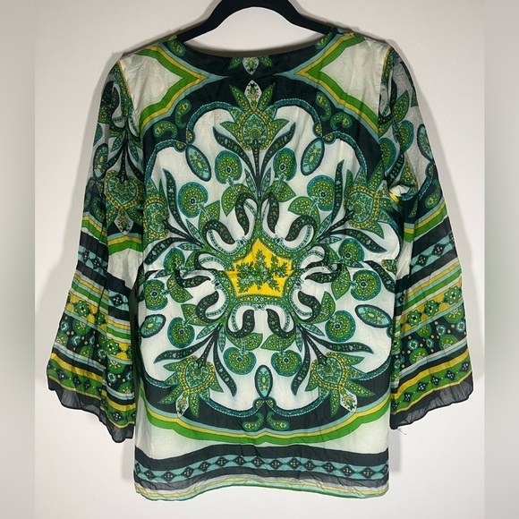 Vintage Y2K Alice & Trixie green blue paisley v-neck babydoll bell slv top sz L - Picture 3 of 9